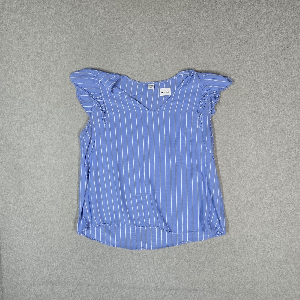 Old Navy Women Blouse L Blue Striped Ruffle Scoop Neck Pullover Short Sleeve